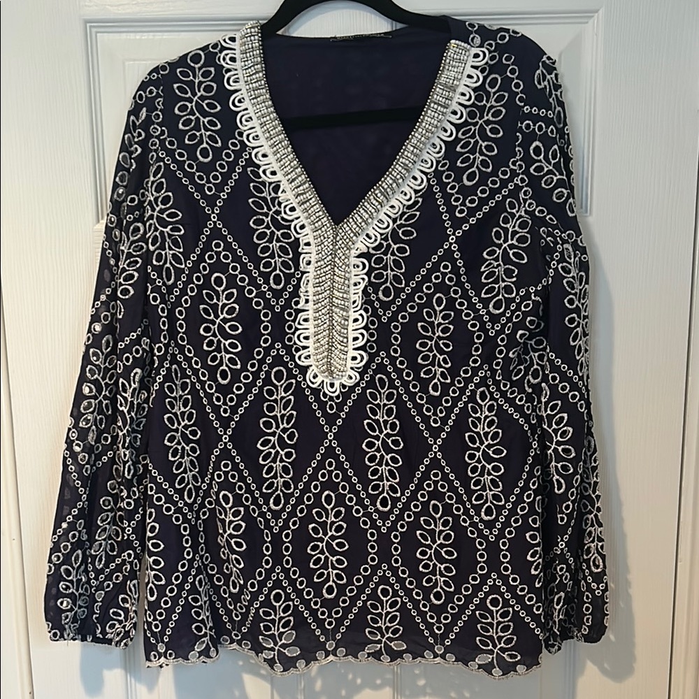 Boston Proper Blue and White Embroidered Blouse Relaxed Fit